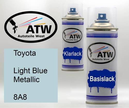 Toyota, Light Blue Metallic, 8A8: 400ml Sprühdose + 400ml Klarlack - Set, von ATW Autoteile West.